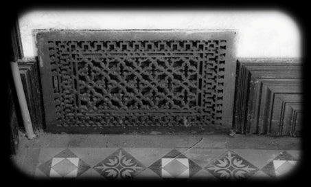 oversized c. 1885 american antique interior residential louvered "persian" pattern ornamental cast iron wall register with uniform black paint finish