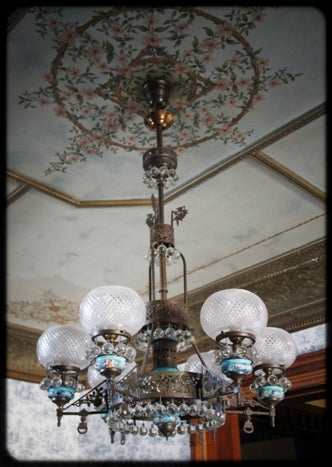 rare c. 1880's american aesthetic movement interior residential converted david c. cook mansion 6-arm gasolier with intact lowery glazed ceramic pottery