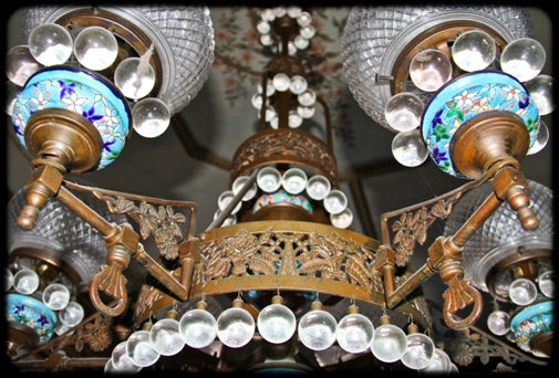 rare c. 1880's american aesthetic movement interior residential converted david c. cook mansion 6-arm gasolier with intact lowery glazed ceramic pottery