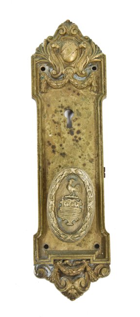 original antique american beaux-arts style interior blackstone hotel ornamental cast brass doorknob with matching backplate