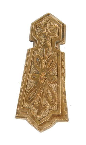original and intact late 1870's victorian era ornamental cast bronze residential keyplate escutcheon with swinging keyhole cover