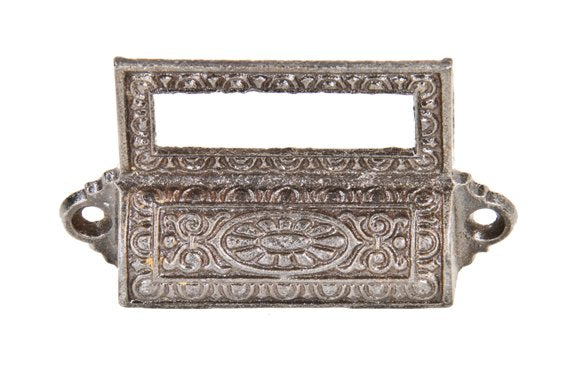 original 19th century refinished american ornamental cast iron druggists apothecary cabinet drawer or bin pull with label slot