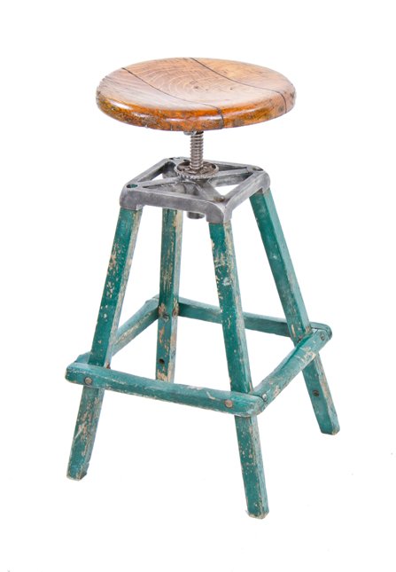 early 20th century vintage american industrial four-legged adjustable height painted oak wood draftsman "revolving" stool