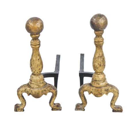 matching set of c. 1920's american arts & crafts style old gold enameled cast iron fireplace andirons with hammered finish