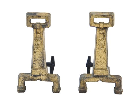 pair of original late 1920's american arts & crafts style interior residential fireplace andirons with old gold paint finish