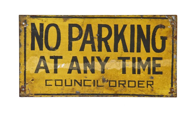 original depression era single-sided brightly colored heavy gauge steel hand-panted "no parking" chicago city street sign