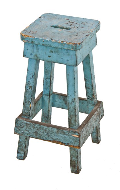 unique custom-built late 1930's four-legged pine wood factory machinist stationary stool with nicely distressed blue paint finish