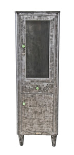 refinished c. 1940's american machine age curved edge freestanding medical supply cabinet with unusual emerald green glass knob handles