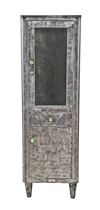 refinished c. 1940's american machine age curved edge freestanding medical supply cabinet with unusual emerald green glass knob handles