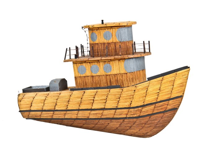 highly unique c. 1940's handmade american prison art burnt wood matchstick tugboat with hand-painted metallic silver portholes