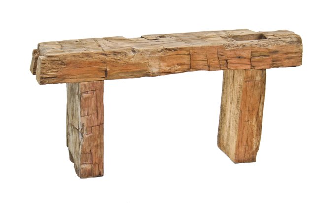 unique repurposed american primitive hand-hewn wood structural timber or beam stationary bench with natural patina