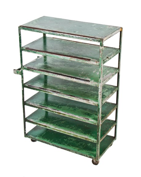 c. 1940's vintage industrial heavy gauge steel multi-tier mobile factory shelving unit with old distressed green paint finish