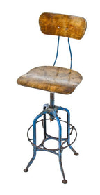 original late 1930's vintage industrial clement uhl patented adjustable height factory stool with releasable spring-loaded clutch intact