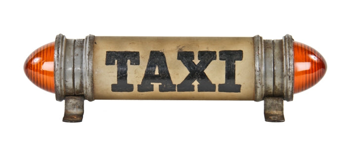 unusual c. 1940's american illuminated taxi cab cylindrical frosted glass toplight with hand-painted lettering