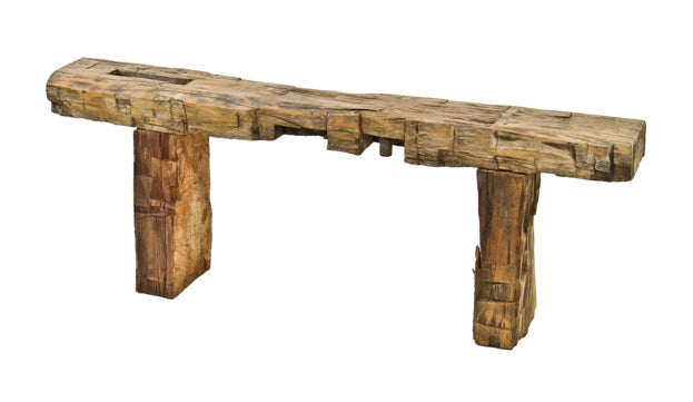 repurposed american industrial double-legged freestanding hand-hewn wood timber stationary bench