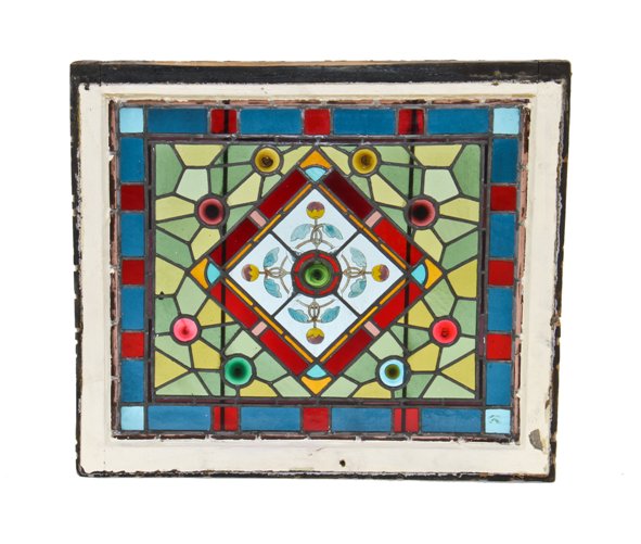 remarkable 19th century american victorian era interior residential leaded art glass window with hand-painted abstract floral motifs