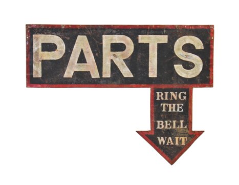 exceptional depression era single-sided interior automotive repair shop "parts" sign with large directional arrow