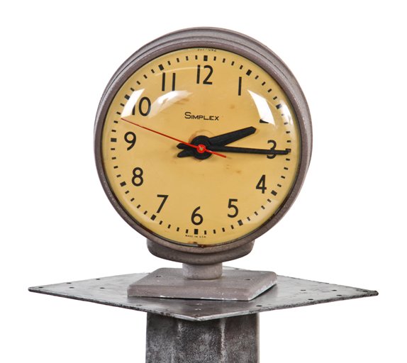 original and fully functional hard to find double-sided c. 1960's factory office "simplex" electric analog clock with durable aluminum case