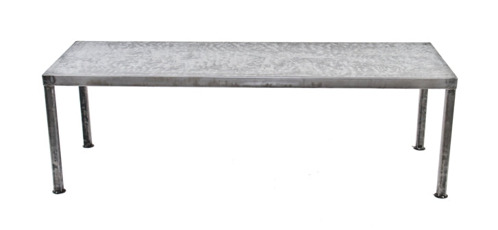 unusual vintage american industrial welded joint heavy gauge steel long and narrow factory side table with steel disc feet