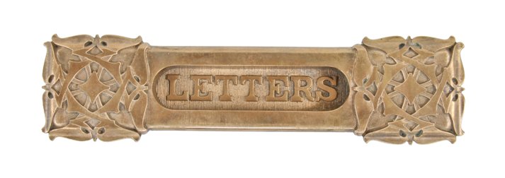unusual late 19th or early 20th century "sullivanesque" style ornamental cast bronze flush mount door mailslot with spring-loaded "letters" flap
