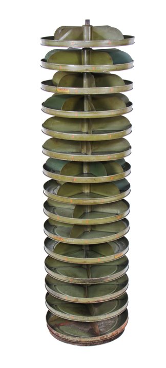 unusual c. 1940's vintage american industrial army green enameled freestanding factory "rotabin" with fifteen revolving tiers