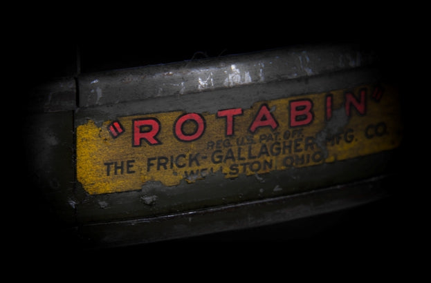 unusual c. 1940's vintage american industrial army green enameled freestanding factory "rotabin" with fifteen revolving tiers