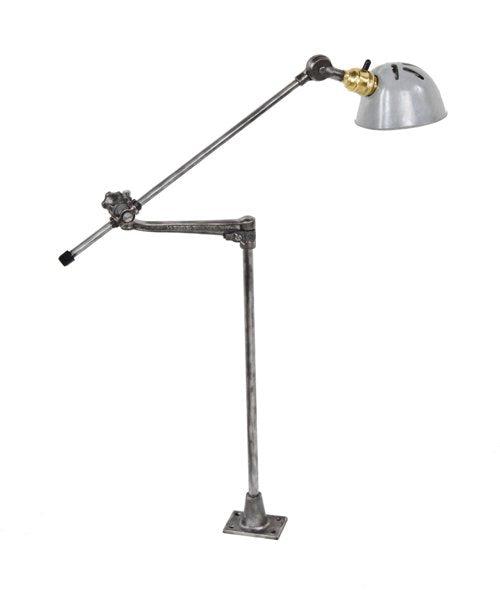 c. 1940's american vintage industrial o.c. white articulating arm workbench task lamp with aluminum and molded plastic reflector