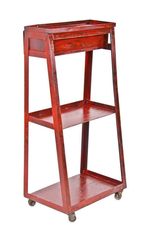 unusual c. 1920's vintage industrial mobile slanted front automobile mechanic three-tier shelving unit with rear pull-out drawer shelf