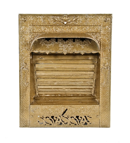 largely intact antique american interior residential ornamental cast iron dawson brothers fireplace gas insert with metallic gold finish