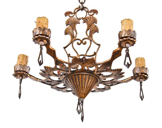 impressive c. 1930's american art deco style ornamental copper-plated cast iron five light candelabra ceiling fixture