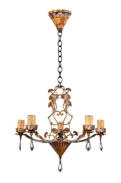 impressive c. 1930's american art deco style ornamental copper-plated cast iron five light candelabra ceiling fixture