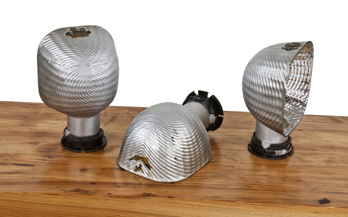 set of three matching vintage american industrial c. 1917-20 metallic silver enameled "oyster shell" x-ray reflectors