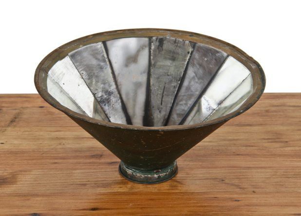 early 20th century original and intact mirrored-panel salvaged chicago metal conical reflector with rolled rim