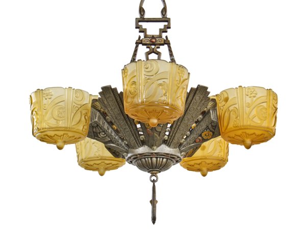 exceptional c. 1930's american art deco style five electric light interior residential amber glass slip shade ceiling fixture with polychrome finish