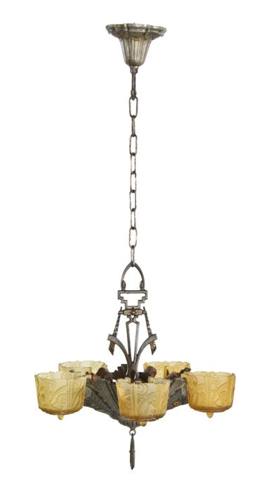 exceptional c. 1930's american art deco style five electric light interior residential amber glass slip shade ceiling fixture with polychrome finish