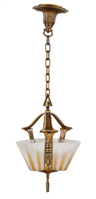 hard to find c. 1930's depression era american art deco triple slip shade interior residential polychrome enameled pendant ceiling fixture