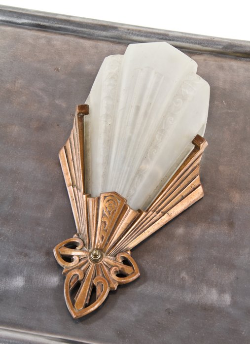 c. 1930's depression era american art deco style "rayburn series" single electric light wall mount slipper shade wall sconce