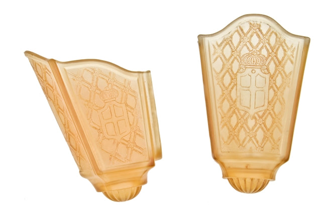 two original hard to find lightly colored depression era spanish revival style incised design light fixture slip shades