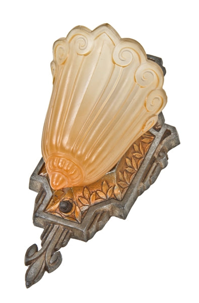 original c. 1930's american art deco style wall mount "fleur de lis" single light slip shade wall sconce with two-tone baked enameled shade