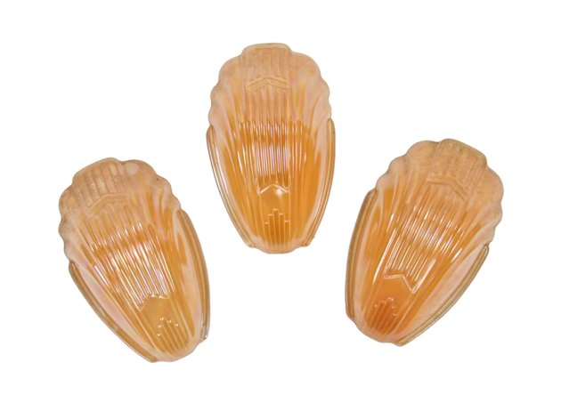 lot of three matching c. 1930's american art deco "chevron" pattern markel ceiling fixture or wall sconce slip shades
