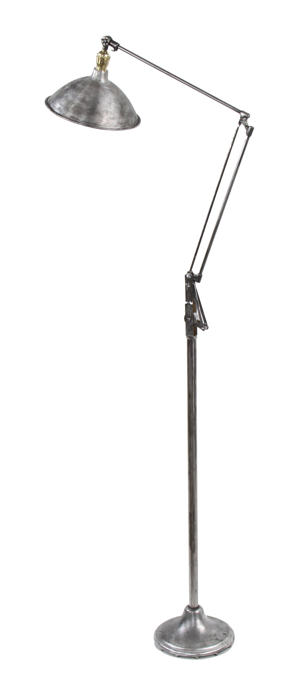 late 1930's american industrial dazor spring-loaded "floating arm" floor lamp  with oversized brushed aluminum reflector