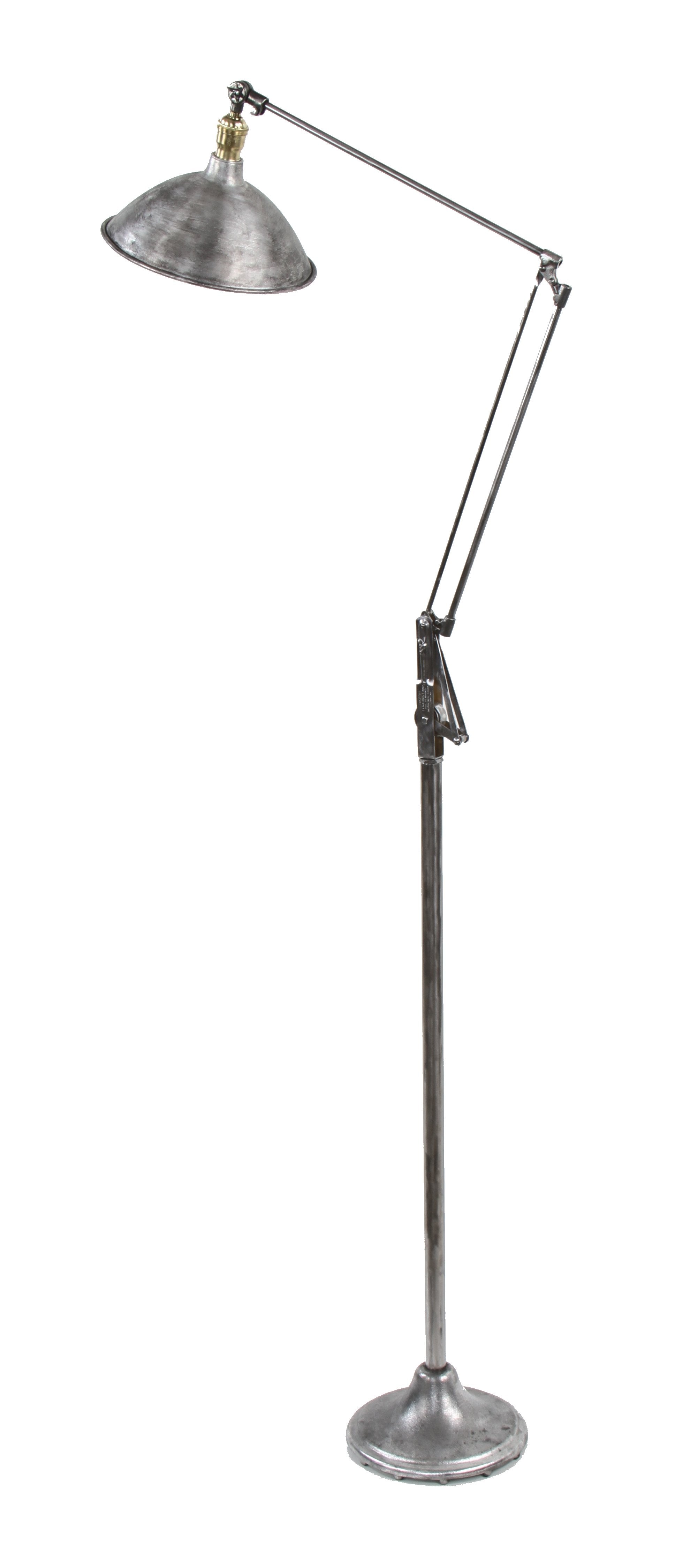 late 1930's american industrial dazor spring-loaded "floating arm" floor lamp  with oversized brushed aluminum reflector