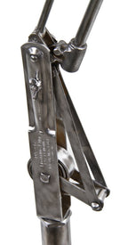 late 1930's american industrial dazor spring-loaded "floating arm" floor lamp  with oversized brushed aluminum reflector