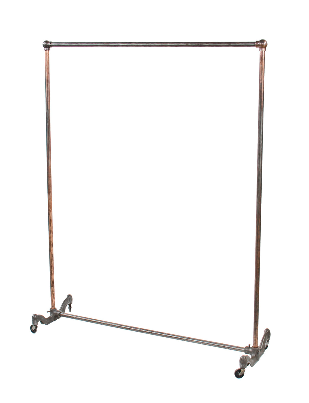 c. 1920's vintage american industrial freestanding woolworths store heavy gauge tubular steel pipe garment rack with swivel casters