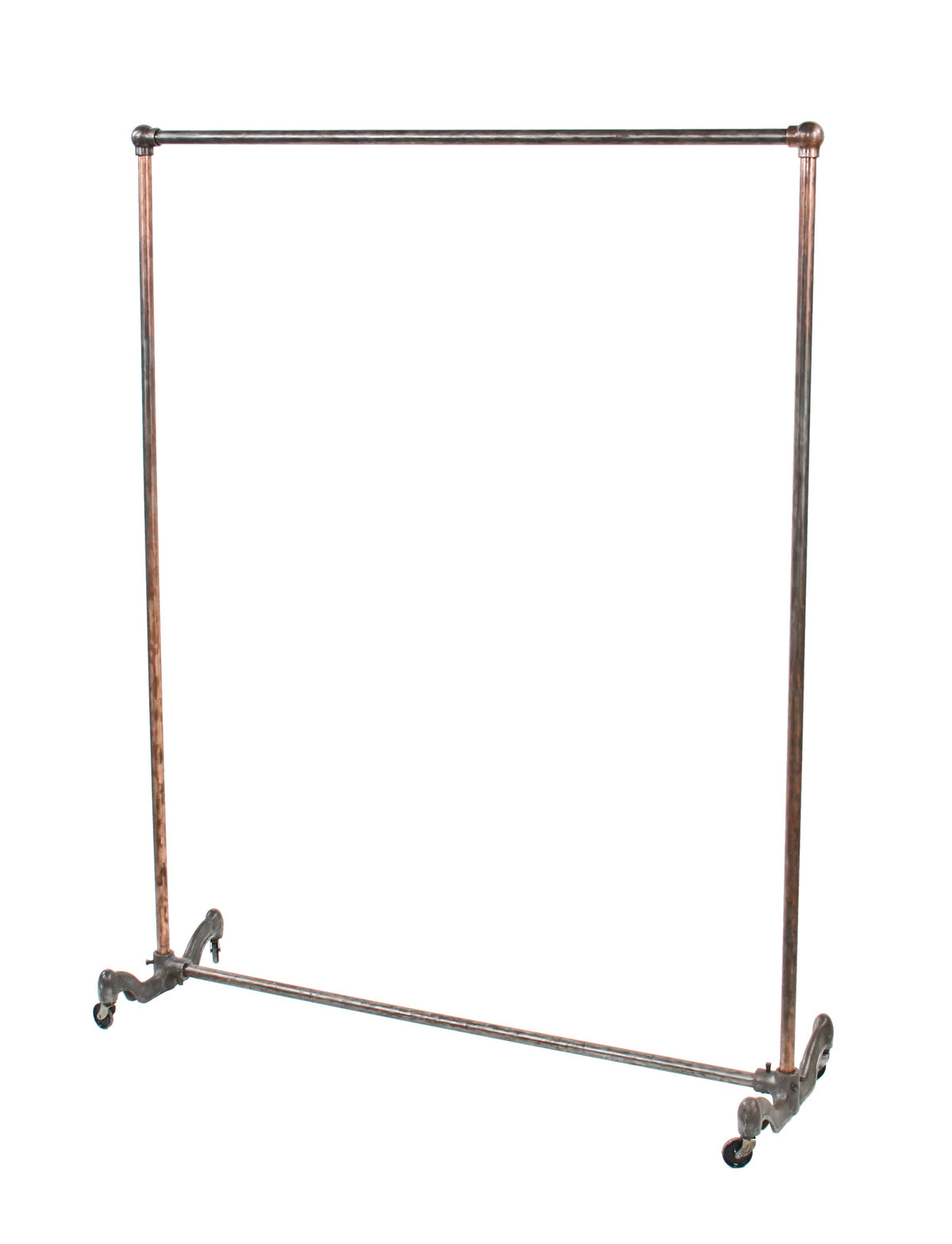 c. 1920's vintage american industrial freestanding woolworths store heavy gauge tubular steel pipe garment rack with swivel casters