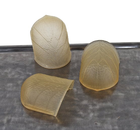 set of three hard to find c. 1930's pressed ornamental amber glass "porcelier"  flush mount fixture replacement shades