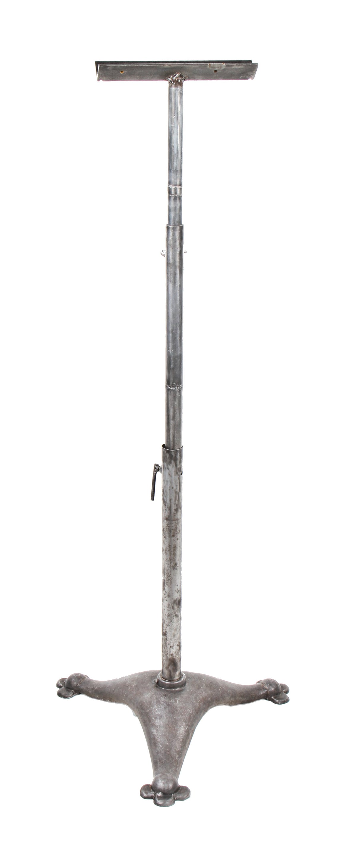 unusual c. 1920's vintage american industrial telescoping machine shop metal stand with three-legged cast iron base