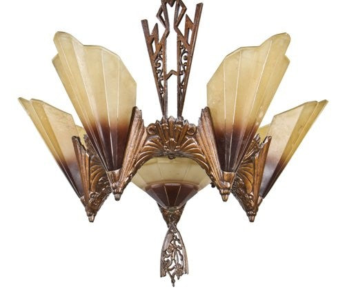 visually striking early 1930's american art deco depresion era "brown-tipped" or "soleure" six-light slip shade chandelier light fiixture with original bronze enameled finish