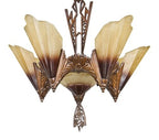 visually striking early 1930's american art deco depresion era "brown-tipped" or "soleure" six-light slip shade chandelier light fiixture with original bronze enameled finish
