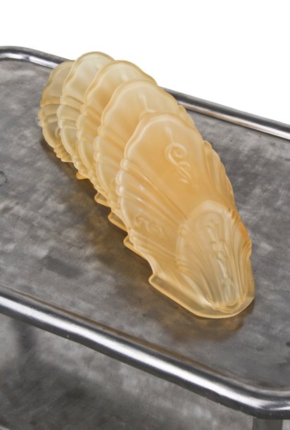 five matching c. 1930's american art deco style depression era markel ornamental pressed glass nauticalesque slip shades